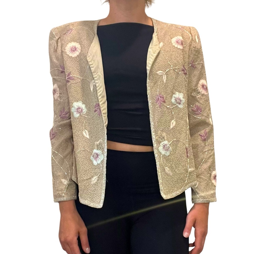 Adrianna Papell Evening Beige Vintage Floral Embroidered Beaded Open Cardigan